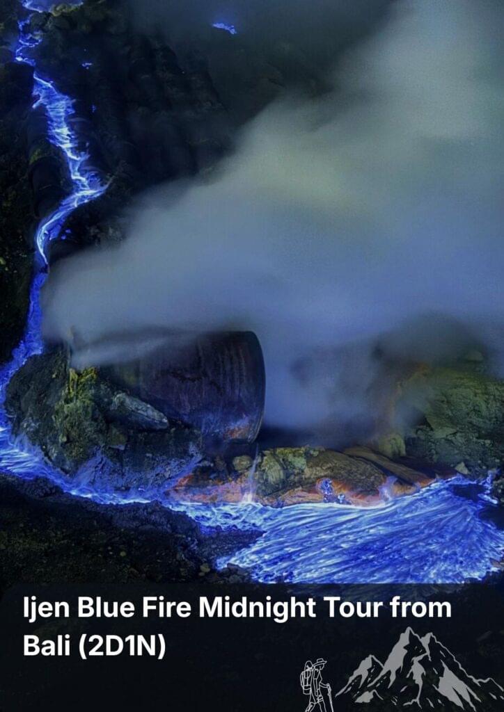 Travellers hiking at night to witness the blue fire phenomenon at Ijen Crater during a midnight tour from Bali